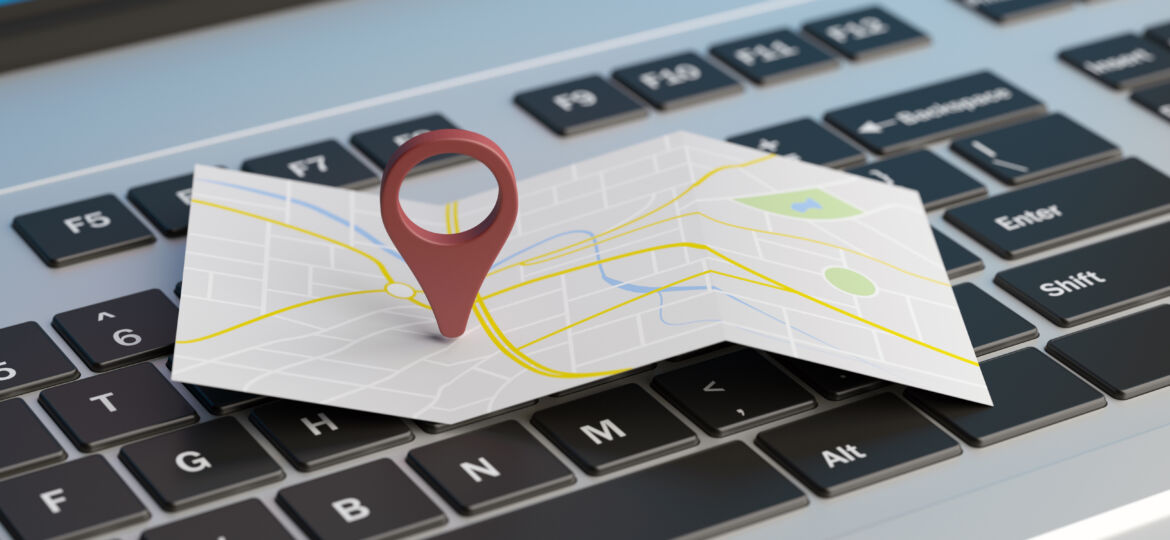 Map pointer location on a laptop. 3d illustration